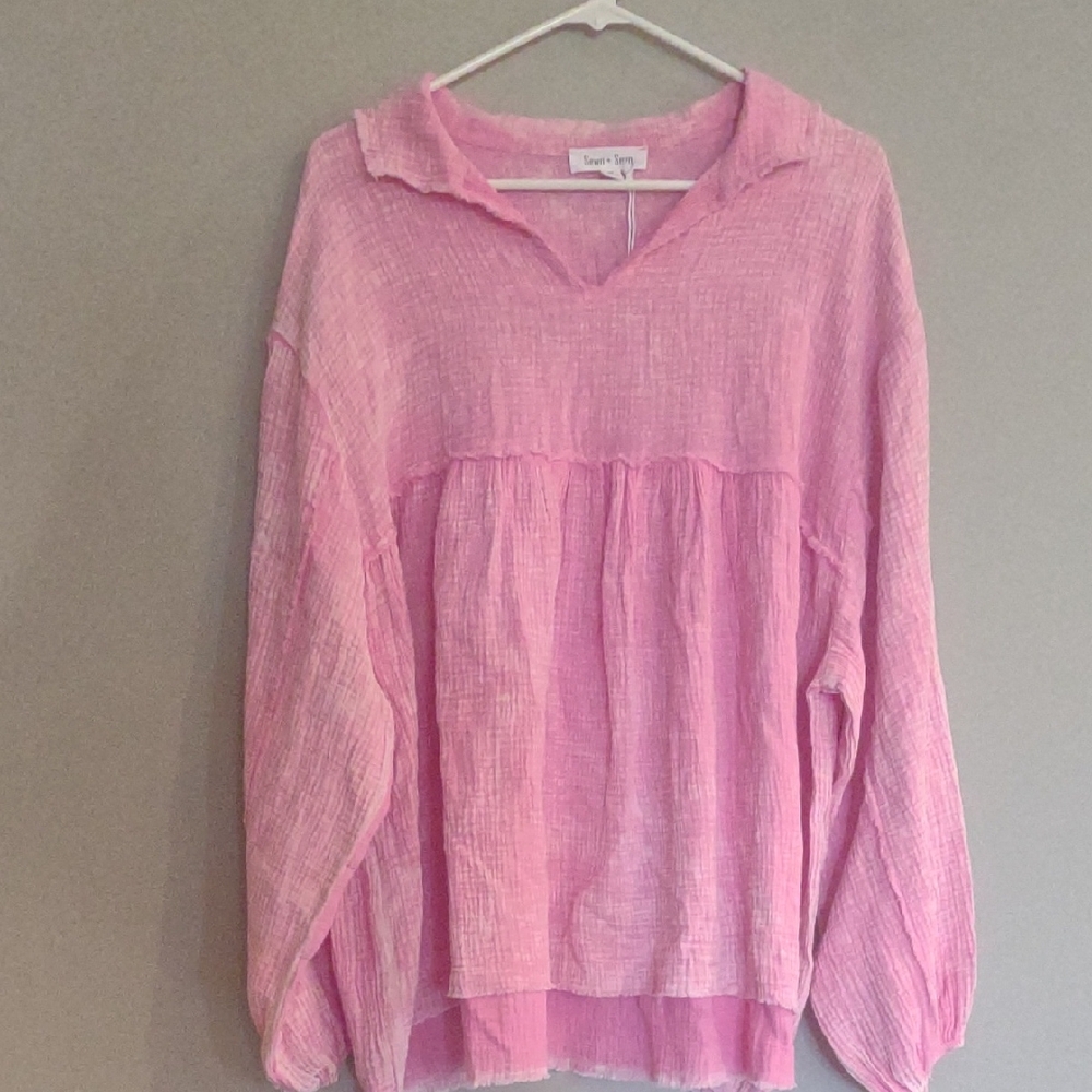 NWT Sewn +‎ Seen Women's Medium Pink 3/4 Sleeve Cotton Baby doll Top